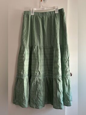 Sage Tiered Maxi Skirt with Crochet Trim